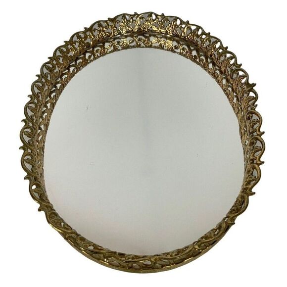 Vintage Oval Vanity Tray Gold Gilt Metal Filigree Mirror Hollywood Regency 1950s - Picture 3 of 8